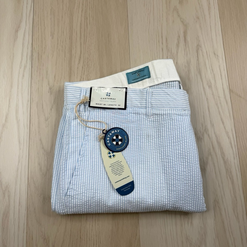 Castaway Nantucket Harbor Pant Blue Seersucker Size 38x30 Preppy Old Money NWT